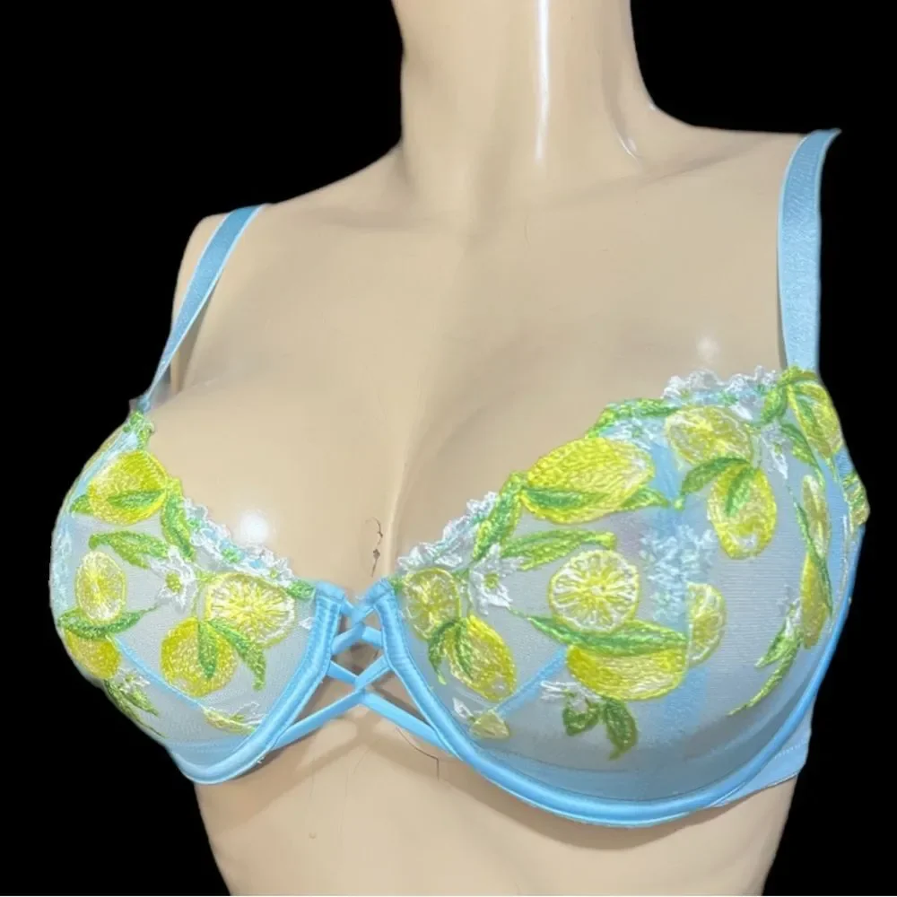Victoria’s Secret Push Up without the padding lemon embroidered mesh blue 36DDD